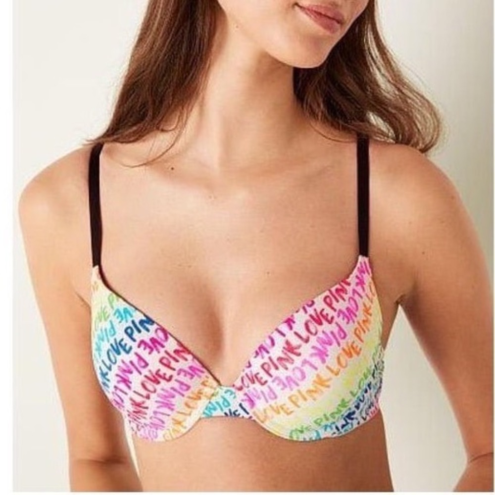 Victoria's Secret PINK Wear Everywhere Super Push Up Bra 36C Rainbow White Pride